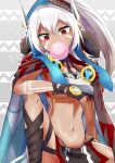  1girl ankle_wrap azur_lane bangs black_panties blue_cape bodypaint breast_curtain breasts brown_cape brown_gloves brown_hood bubble_blowing cape chewing_gum commentary_request crossed_bangs dark-skinned_female dark_skin facepaint feet_out_of_frame fingerless_gloves fur-trimmed_cape fur_trim gloves grey_background hair_between_eyes high_ponytail highleg highleg_panties highres hood hood_up houshi loincloth long_hair looking_down medium_breasts midriff minneapolis_(azur_lane) multicolored_cape multicolored_clothes navel panties red_cape red_eyes revealing_clothes solo underboob underwear very_long_hair white_cape white_hair 