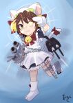  1girl adapted_turret akashieru animal_hands animal_hat apron artist_logo artist_name bell black_dress bow bowtie brown_hair cannon cat_hat cat_tail chain commentary_request cosplay dejiko dejiko_(cosplay) di_gi_charat dress frilled_dress frills furutaka_(kancolle) gloves glowing glowing_eye hat heterochromia highres jingle_bell kantai_collection machinery maid_apron paw_gloves paw_shoes red_bow red_bowtie short_hair solo tail turret white_apron yellow_eyes 