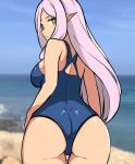  1girl alternate_costume ass beach blue_one-piece_swimsuit breasts fire_emblem fire_emblem:_the_blazing_blade from_behind green_eyes heterochromia highres idunn_(fire_emblem) long_hair looking_at_viewer looking_back median_furrow medium_breasts one-piece_swimsuit pointy_ears purple_hair red_eyes sand solo swimsuit tavi_(hosheezus) thigh_gap thighs water 