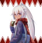  1girl azur_lane bangs blue_bag blush breasts cardigan coffee coffee_cup commentary crossed_bangs cup dark-skinned_female dark_skin disposable_cup drinking_straw_in_mouth facepaint hair_between_eyes high_ponytail highres holding holding_cup kure_(kure_90) long_hair looking_at_viewer medium_breasts minneapolis_(azur_lane) minneapolis_(wild_huntress_schoolgirl)_(azur_lane) nail_polish official_alternate_costume open_mouth pink_nails plaid plaid_scarf purple_cardigan red_eyes red_scarf ringed_eyes scarf solo upper_body very_long_hair white_background white_hair 