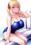  adjusting_hair blonde_hair breasts cleavage competition_swimsuit curvy highres huge_breasts one-piece_swimsuit original parted_lips pool pool_ladder poolside purple_eyes short_twintails sitting soaking_feet spaghetti_strap swimsuit tsukumiya_amane twintails water wet 