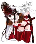  absurdres belt black_hair bra breasts cape character_request cleavage ddlcclia epaulettes fate_(series) fur-trimmed_bra fur-trimmed_thighhighs fur_collar gloves hat highres leaning_forward long_hair medium_breasts oda_nobunaga_(fate) panties peaked_cap red_belt red_bra red_cape red_eyes red_gloves red_panties red_thighhighs thighhighs two-sided_cape two-sided_fabric underwear very_long_hair white_cape white_headwear 