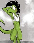  absurd_res anthro balls blush bob_vorsh_(jack) bodily_fluids dinosaur flaccid foreskin genitals hand_behind_head hi_res illegaleel jack_(webcomic) male nude penis reptile scalie solo steam sweat sweaty_genitalia sweaty_penis towel towel_around_neck 