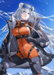  1girl absurdres animal_ears arknights aurora_(arknights) aurora_(polar_catcher)_(arknights) bangs bear_ears bear_girl belt black_gloves black_jacket blue_eyes blue_sky bodysuit feet_out_of_frame gloves goggles goggles_on_head highres jacket long_hair long_sleeves lyas mountain open_clothes open_jacket orange_bodysuit outdoors parted_lips sky snow solo sweatdrop thigh_strap very_long_hair white_hair winter_clothes 