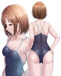  1girl absurdres adjusting_clothes adjusting_swimsuit armpit_crease ass bang_dream! bangs bare_arms bare_shoulders blue_one-piece_swimsuit breasts brown_eyes brown_hair cleavage collarbone commentary_request covered_navel cowboy_shot facing_away from_behind hand_on_hip hazawa_tsugumi highres light_blush looking_away medium_breasts multiple_views parted_lips profile ptal school_swimsuit short_hair shoulder_blades simple_background standing swimsuit upper_body white_background 