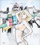  1girl bangs bikini blonde_hair blue_eyes breasts floating_hair gundam hand_on_back hand_on_own_head highres looking_to_the_side mecha medium_breasts mobile_suit_gundam parted_bangs robot rx-78-2 sayla_mass shikishi short_hair sideboob signature swimsuit toweling3 traditional_media white_bikini 