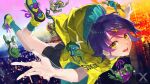  1girl akanagi_youto bike_shorts blue_hair cityscape coat falling frog hair_ornament highres hood looking_at_viewer multicolored_hair open_mouth original raincoat short_hair smile tagme x_hair_ornament yellow_eyes yellow_raincoat 