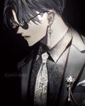  1boy black_hair black_necktie black_skirt collared_shirt ear_piercing earrings english_text formal from_side highres jewelry koshika_rina male_focus necktie open_mouth original piercing shirt short_hair skirt suit sunglasses twitter_username upper_body 