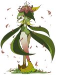  bright_pupils brown_eyes brown_flower commentary_request falling_petals flower from_behind full_body grass highres hisuian_lilligant looking_back oimo_kenpi petals pokemon pokemon_(creature) solo standing white_background white_pupils 
