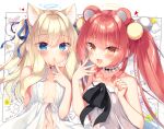  2girls :d :o animal_ears bare_arms bare_shoulders bear_ears black_bow blonde_hair blue_eyes blue_ribbon blush bow breasts collarbone commentary_request dress fang finger_to_mouth hair_ribbon halo multiple_girls original parted_lips red_eyes red_hair ribbon sazaki_ichiri sleeveless sleeveless_dress small_breasts smile strapless strapless_dress twintails two_side_up white_background white_dress 