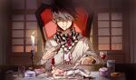  2boys alcohol bangs blood borrowed_garments can candle candlelight chair checkered_clothes checkered_scarf cup danganronpa_(series) danganronpa_v3:_killing_harmony drinking_glass facial_hair fire flame fork goatee grey_shirt hair_between_eyes highres holding holding_fork holding_knife indoors injury knife kurohaneame long_sleeves looking_at_another lying male_focus miniboy momota_kaito multiple_boys necktie on_back ouma_kokichi pink_blood plate print_necktie scarf shirt shoes sitting spiked_hair sweatdrop teeth topless_male wine wine_glass 