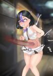  1girl absurdres black_hair breasts ct-08 goddess_of_victory:_nikke highres multicolored_hair pee punching purple_eyes purple_hair ryona self_upload small_breasts stomach_punch syuen_(nikke) two-tone_hair 