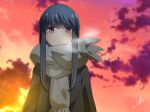  1girl blue_hair blurry blurry_background breath commentary highres purple_eyes scarf shima_rin sky solo sunset yasu_(pixiv) yurucamp 