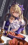  blonde_hair castle dress feast fischl_(genshin_impact) food genshin_impact long_hair meat princess red_eyes silence_girl 