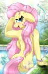  anthro back_boob bedroom_eyes big_breasts blush bracelet breasts cutie_mark dialogue english_text equid equine female fluttershy_(mlp) friendship_is_magic hasbro hi_res jewelry joakaha looking_at_viewer looking_back mammal my_little_pony narrowed_eyes nude partially_submerged pegasus seductive solo swimming_pool text wet wings 