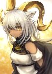  1girl 3_(sanyako1) animal_ears arknights bangs bare_shoulders beeswax_(arknights) black_cape cape closed_mouth collar dark-skinned_female dark_skin dress goat_ears goat_girl goat_horns gradient gradient_background grey_hair highres horns infection_monitor_(arknights) long_hair looking_at_viewer solo upper_body white_dress yellow_background yellow_eyes 