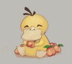  animal_focus bird blush closed_eyes commentary duck facing_viewer food fruit grey_background holding holding_food holding_fruit leaf nose_blush pokemon psuede psyduck sitting 