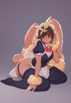  1girl :3 absurdres animal_ears animal_nose apron back_bow backlighting bangs black_sclera black_shirt black_thighhighs blunt_bangs blush body_fur bottomless bow bowtie breasts brown_fur brown_hair collared_shirt colored_sclera commentary_request dated_commentary full_body furry furry_female garter_straps gradient gradient_background grey_background hair_ribbon hand_up happy highres leaning_forward looking_at_viewer lopunny maid maid_headdress mole mole_under_eye open_mouth personification pokemon pokemon_(creature) puffy_short_sleeves puffy_sleeves rabbit_ears rabbit_girl rabbit_tail red_bow red_bowtie red_eyes ribbon shirt short_hair short_sleeves sidelocks simple_background sitting small_breasts smile solo tail thighhighs two-tone_fur uyu_(soda_uyu) waist_apron wariza white_apron white_bow wide_hips yellow_fur yellow_ribbon 