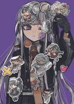  1girl ? asahina_aoi bangs black_gloves black_jacket black_skirt brown_necktie celestia_ludenberg character_print collared_shirt commentary cross danganronpa:_trigger_happy_havoc danganronpa_(series) danganronpa_kirigiri enoshima_junko frown fujisaki_chihiro fukawa_touko gloves grey_shirt hand_up highres jacket kara_aren kirigiri_kyouko long_hair long_sleeves magnifying_glass maizono_sayaka necktie one_eye_closed oogami_sakura open_clothes open_jacket pleated_skirt purple_background purple_eyes samidare_yui shirt simple_background skirt solo sticker 