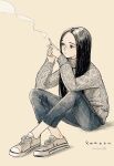  1girl bangs black_hair cigarette denim emanon_(character) freckles highres jeans knit_sweater kokudou_juunigou long_hair memories_of_emanon monochrome pants parted_bangs shoes sitting sneakers solo white_background 