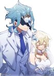  1boy 1girl :3 ^_^ absurdres alternate_costume artist_name bangs bare_shoulders blonde_hair blue_hair blue_necktie breasts bridal_veil bride buttons cleavage closed_eyes closed_mouth collared_shirt commentary covered_eyes dottore_(genshin_impact) dress dress_shirt earrings elbow_gloves english_commentary eye_mask feather_hair_ornament feathers flower formal genshin_impact gloves groom hair_between_eyes hair_flower hair_ornament hand_up highres holding_hands jacket jewelry kradebii large_breasts long_sleeves lumine_(genshin_impact) mask medium_hair necktie open_clothes open_jacket shirt short_hair_with_long_locks sidelocks simple_background smile standing strapless strapless_dress veil white_background white_dress white_flower white_gloves white_jacket white_shirt 