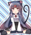  +_+ 1girl :&lt; absurdres animal_ears animal_hands bangs between_legs black_gloves black_hair black_skirt black_thighhighs blush braid cat_ears cat_girl cat_tail food frilled_skirt frilled_sleeves frills fruit gloves hand_between_legs highres idolmaster idolmaster_cinderella_girls idolmaster_cinderella_girls_starlight_stage kemonomimi_mode long_hair long_sleeves multicolored_polka_dots neck_ribbon no_shoes outline parted_lips paw_gloves polka_dot polka_dot_background red_eyes red_ribbon ribbon sajo_yukimi shirt sitting skirt solo strawberry tail thighhighs triangle_mouth umberblack very_long_hair wariza white_outline white_shirt wide_sleeves 