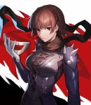  1girl absurdres afri black_bodysuit black_scarf bodysuit braid breasts brown_hair closed_mouth eye_mask highres holding holding_mask korean_commentary looking_at_viewer mask medium_breasts niijima_makoto persona persona_5 red_eyes scarf short_hair shoulder_spikes solo spikes upper_body v-shaped_eyebrows 