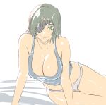  1girl arm_support bangs black_hair blush breasts chainsaw_man commentary_request eyepatch green_eyes grey_tank_top highres himeno_(chainsaw_man) looking_at_viewer lying medium_breasts mitsugu navel on_side panties shiny shiny_skin short_hair simple_background smile solo tank_top underwear underwear_only white_panties 