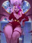  2022 anthro artist_name breasts chair clothed clothing digital_media_(artwork) evehly female fingers friendship_is_magic furniture hair hasbro horn looking_at_viewer multicolored_hair my_little_pony princess_cadance_(mlp) purple_eyes signature sitting solo spade_tail succubus text throne url wings 