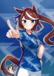  &gt;:) 1girl 2022_fifa_world_cup adidas alternate_costume animal_ears ball bangs blue_background blue_eyes blue_shirt bow breasts brown_hair chibi chibi_inset closed_mouth collarbone commentary_request cowboy_shot ear_ribbon floating_hair hair_bow hair_flaps hand_on_hip high_ponytail highres horse_ears horse_girl horse_tail japan long_hair looking_at_viewer multicolored_hair pink_bow pointing pointing_at_viewer ponytail shirt short_sleeves shorts sidelocks small_breasts smile soccer_ball soccer_uniform soramuko sportswear standing streaked_hair tail tokai_teio_(umamusume) two-tone_hair umamusume v-shaped_eyebrows white_hair white_shorts world_cup wristband 
