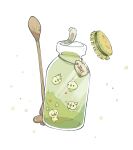  commentary_request duosion evolutionary_line highres jar jelly label lid no_humans oimo_kenpi pokemon pokemon_(creature) reuniclus solosis spoon string white_background wooden_spoon 