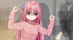  1girl arm_up bangs black-framed_eyewear bocchi_the_rock! breasts facing_viewer gotou_hitori hair_between_eyes hair_cubes hair_ornament hand_up highres jacket k_mugura long_hair long_sleeves one_side_up parted_lips pink_hair pink_jacket shaded_face shadow small_breasts solo star-shaped_eyewear sunglasses track_jacket upper_body very_long_hair 