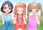  3girls ^_^ ^o^ bangs blunt_bangs blush bow breasts closed_eyes dress ggyoku grin hair_bow ichihara_nina idolmaster idolmaster_cinderella_girls looking_at_viewer multiple_girls outdoors sasaki_chie sleeveless sleeveless_dress small_breasts smile waving yokoyama_chika 