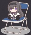  1girl :&lt; akemi_homura black_hair black_hairband blush chair chibi closed_mouth folding_chair frown hairband long_hair long_sleeves looking_at_viewer mahou_shoujo_madoka_magica purple_eyes sad sitting solo yuno385 