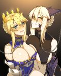  2girls absurdres artoria_pendragon_(fate) artoria_pendragon_(lancer)_(fate) artoria_pendragon_(lancer_alter)_(fate) blue_eyes blue_leotard blush braid braided_bun breast_press breasts chain chained cleavage clenched_teeth covered_navel crown dark_persona fate/grand_order fate_(series) french_braid hair_bun highres horns hyperbudd large_breasts leotard multiple_girls navel revealing_clothes saliva symmetrical_docking tearing_up teeth underboob yellow_eyes 
