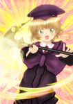  1girl asukamama89 cardcaptor_sakura cardinal_(sao) cosplay glasses hat highres holding holding_weapon kinomoto_sakura long_sleeves looking_at_viewer open_mouth purple_headwear sword_art_online tange_sakura voice_actor_connection weapon 