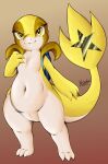  2022 alternate_color anthro backpack fan_character female generation_5_pokemon genitals gradient_background hi_res karvhan looking_at_viewer nintendo nude pokemon pokemon_(species) pussy semi-anthro simple_background slightly_chubby slit snivy solo stocky video_games wide_hips yellow_body yellow_eyes yellow_sclera 