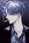  1boy bishounen black_eyes blue_hair cigarette collarbone collared_shirt earrings english_text eyelashes fangs from_side highres jewelry koshika_rina male_focus mouth_hold original pectoral_cleavage pectorals piercing shirt short_hair simple_background smoke smoking twitter_username 