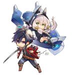  1boy 1girl ahoge altina_orion black_hair boots braid eiyuu_densetsu gloves green_eyes holding holding_sword holding_weapon jacket katana looking_at_viewer parka purple_eyes rean_schwarzer sen_no_kiseki simple_background sword twin_braids weapon white_background white_hair yuhki_k 