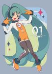  1girl :d absurdly_long_hair bangs barcode blue_eyes blue_hair bodysuit boots double_v gloves hatsune_miku headphones headset highres irarugii knees_together_feet_apart long_hair looking_at_viewer open_mouth smile solo speaker twintails v very_long_hair vocaloid 