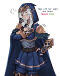  1girl absurdres ashe_(league_of_legends) bangs belt blue_cape blue_gloves blue_pants breasts brown_belt cape cleavage closed_eyes closed_mouth cookie3w3 cowboy_shot english_text feather_trim frown gloves grey_hair highres hood hood_up hooded_cape large_breasts league_of_legends like_and_retweet miniskirt pants pleated_skirt shiny shiny_hair shoulder_plates simple_background skirt solo twitter_strip_game white_background 