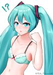  !? absurdres bag bare_arms blue_bra blue_eyes blue_hair bra breasts cleavage collarbone hair_between_eyes hatsune_miku highres long_hair navel open_mouth red_ribbon ribbon shiny shiny_hair simple_background small_breasts solo sweatdrop tesu@youbon twintails twitter_username underwear very_long_hair vocaloid white_background 