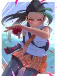  1girl absurdres black_hair black_leggings breast_pocket dark-skinned_female dark_skin fingerless_gloves freckles gloves highres holding holding_poke_ball leggings multicolored_hair naranja_academy_uniform necktie nemona_(pokemon) orange_eyes orange_necktie orange_shorts pocket poke_ball pokemon pokemon_(game) pokemon_sv ponytail short_hair shorts single_fingerless_glove smile solo yoruniyoruyoshi 