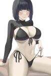  1girl absurdres arm_support bangs bikini black_bikini black_hair blunt_bangs boruto:_naruto_next_generations breasts byeon_dha commentary_request front-tie_bikini_top front-tie_top highres hyuuga_hinata large_breasts long_sleeves looking_at_viewer naruto_(series) navel pink_lips short_hair shrug_(clothing) side-tie_bikini_bottom simple_background sitting smile solo stomach swimsuit thighs white_background white_eyes 