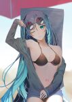  1girl ;( absurdres bikini black_bikini blue_eyes blue_hair blue_nails blurry blurry_background breasts cleavage collarbone frown grey_jacket halterneck hatsune_miku highres jacket long_hair long_sleeves looking_at_viewer medium_breasts nail_polish navel nemuke2828 number_tattoo open_clothes open_jacket parasol round_eyewear shiny shiny_hair sideboob solo sunglasses swimsuit tattoo twintails umbrella very_long_hair vocaloid white_background 