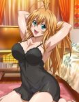  1girl :d antenna_hair aqua_eyes armpits bangs bare_arms barefoot bed bedroom black_dress blonde_hair collarbone dress fang floating_hair hair_between_eyes hands_in_hair ikkitousen long_hair nightgown open_mouth see-through see-through_dress shiny shiny_hair shiny_skin short_dress sitting sleepwear sleeveless sleeveless_dress smile solo sonsaku_hakufu straight_hair television very_long_hair wariza wooden_floor 