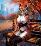  2022 anthro areola black_stripes breasts casual_exposure clothed clothing day detailed_background digital_media_(artwork) felicia_cat felid female fur green_eyes hi_res mammal nipples orange_body orange_fur outside pantherine partially_clothed public public_nudity sitting sky smile striped_body striped_fur stripes tiger tyla_cooke 