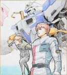  2boys 2others amuro_ray belt black_belt black_gloves blue_eyes cable char&#039;s_counterattack char&#039;s_counterattack_-_beltorchika&#039;s_children gloves gundam gundam_hathaway&#039;s_flash hair_behind_ear hathaway_noa hi-nu_gundam highres male_focus mecha mobile_suit multiple_boys multiple_others open_hand robot running science_fiction shikishi signature toweling3 traditional_media upper_body v-fin 
