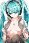  1girl bangs bare_arms blue_eyes blue_hair breasts closed_mouth collarbone collared_shirt copyright_name grey_shirt hair_between_eyes hatsune_miku headphones headset highres kannazuki_(jugatsuumare1020) long_hair microphone nipples number_tattoo open_clothes open_shirt shiny shiny_hair shirt sketch sleeveless sleeveless_shirt small_breasts solo tattoo twintails very_long_hair vocaloid wing_collar 
