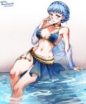  1girl alternate_costume bangs bare_shoulders bikini blue_bikini blue_hair blush braid breasts brown_eyes crown_braid fire_emblem fire_emblem:_three_houses fire_emblem_heroes hand_on_own_cheek hand_on_own_face large_breasts long_hair looking_at_viewer marianne_von_edmund mina_cream official_alternate_costume open_mouth sarong see-through see-through_sleeves smile solo swimsuit 